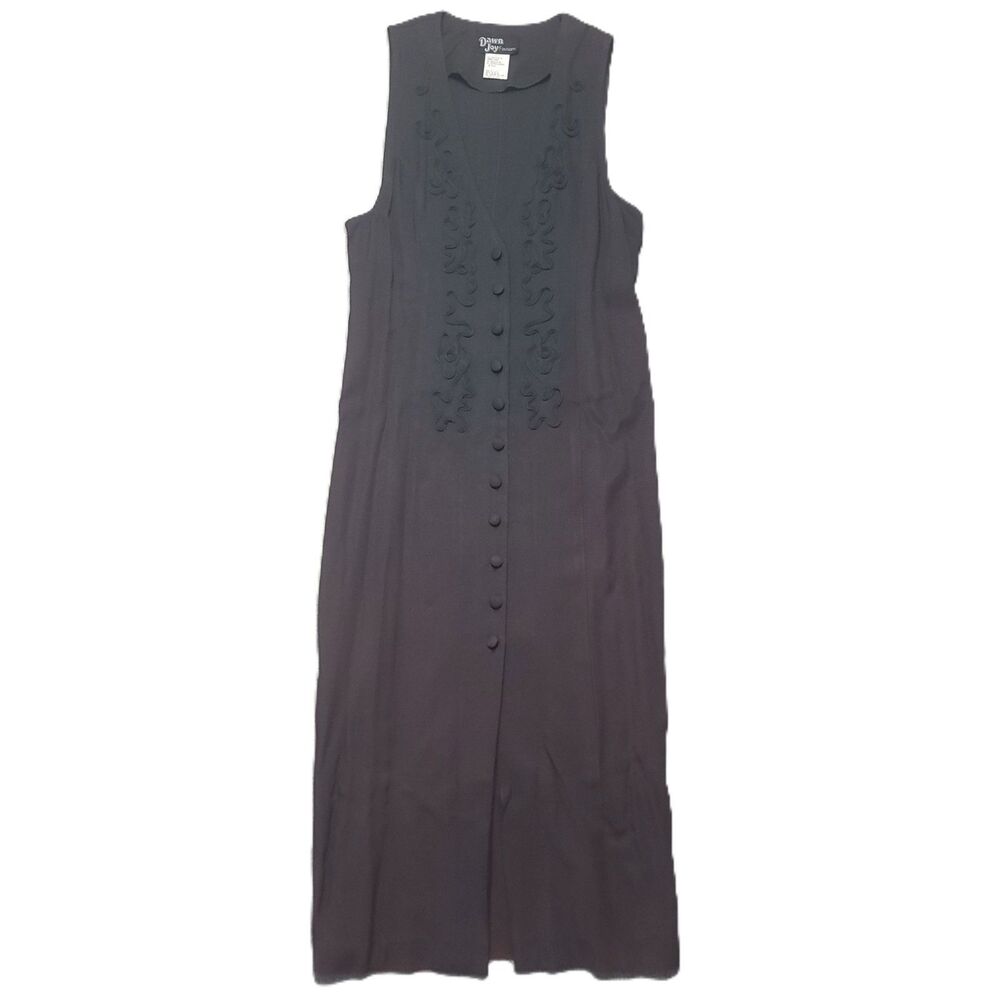Vtg Dawn Joy Sleeveless Jumper Dress Size 2 Button Up V Neck Embroidered Swirls
